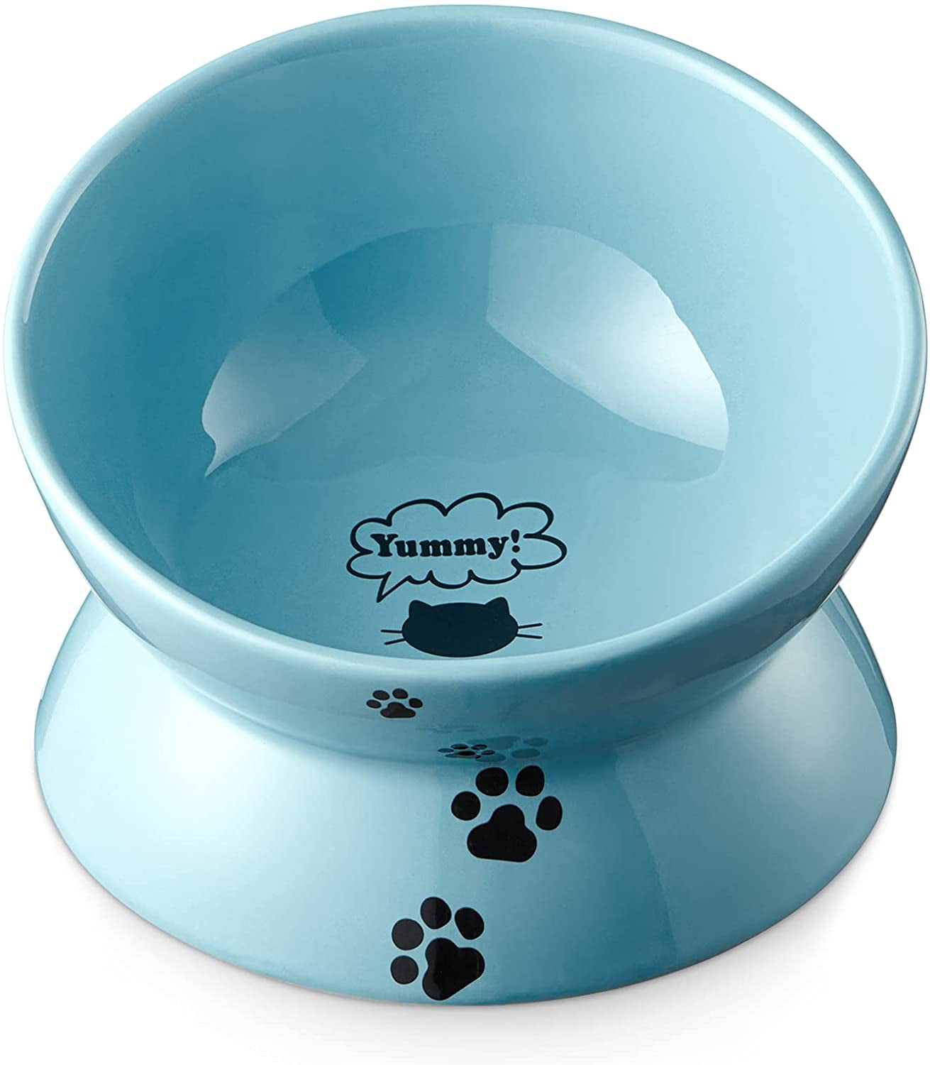 Elevated Ceramic Cat Food Bowl with Tilt Angle for Spine Protection, Anti-Vomiting Design, and Backflow Prevention in Lake Blue