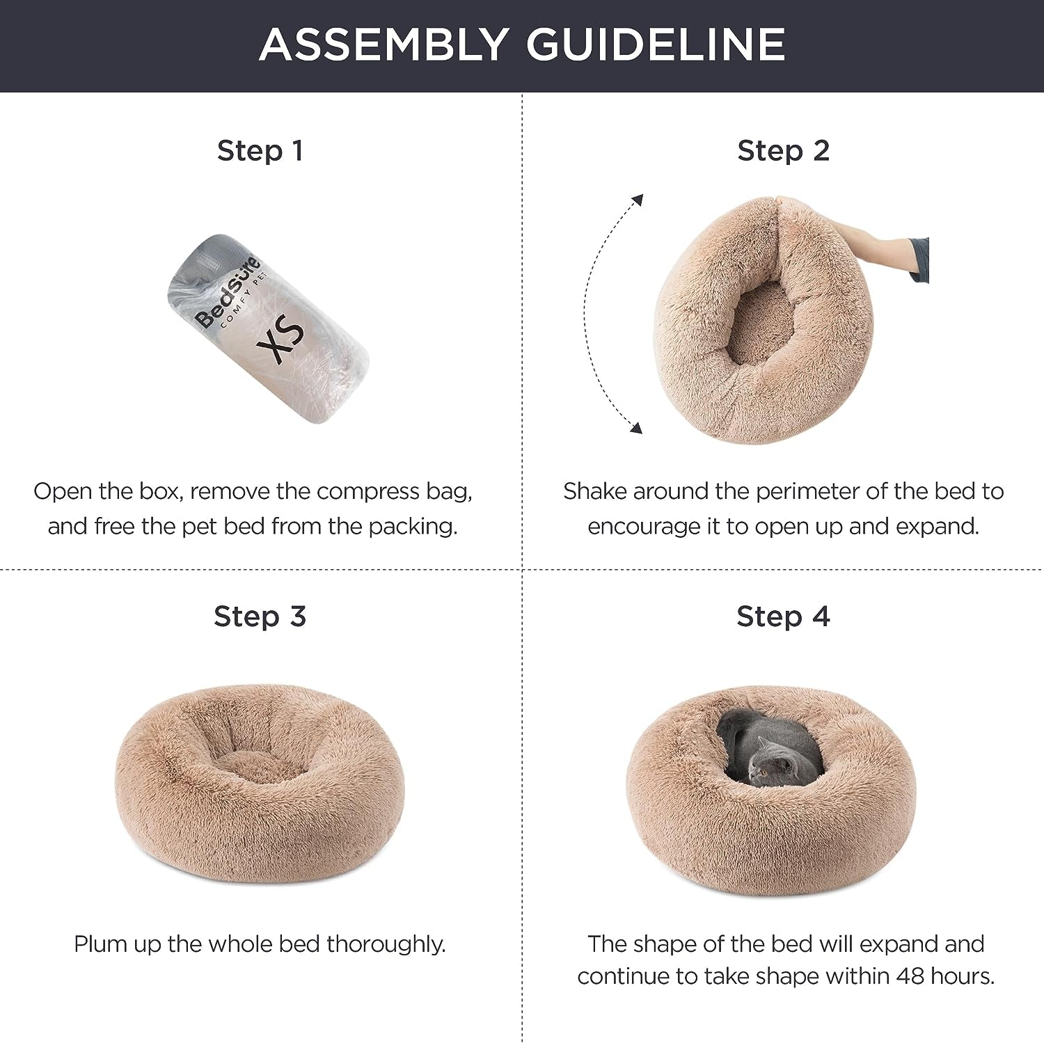 Calming Plush Cat Bed for Indoor Use - 20-Inch Washable Round Faux Fur Bed with Anti-Slip Base, Suitable for Pets Up to 15 lbs, Camel Color