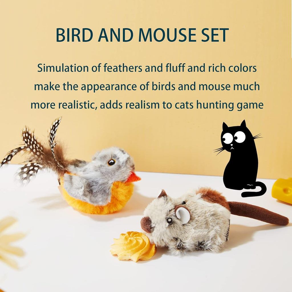 Interactive 2-Pack Cat Toys for Indoor Cats - Feather Squeaky Bird & Mouse Plush Toys with Motion Activation and Bird Chirping Sounds