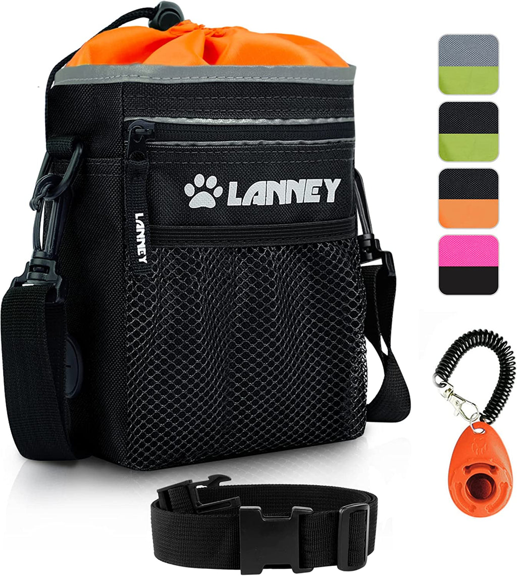 Dog Training Treat Pouch with Metal Clip, Waist Belt, and Shoulder Strap - Versatile Carry Bag for Kibble, Snacks, and Toys - Includes Poop Bag Dispenser - Black and Orange