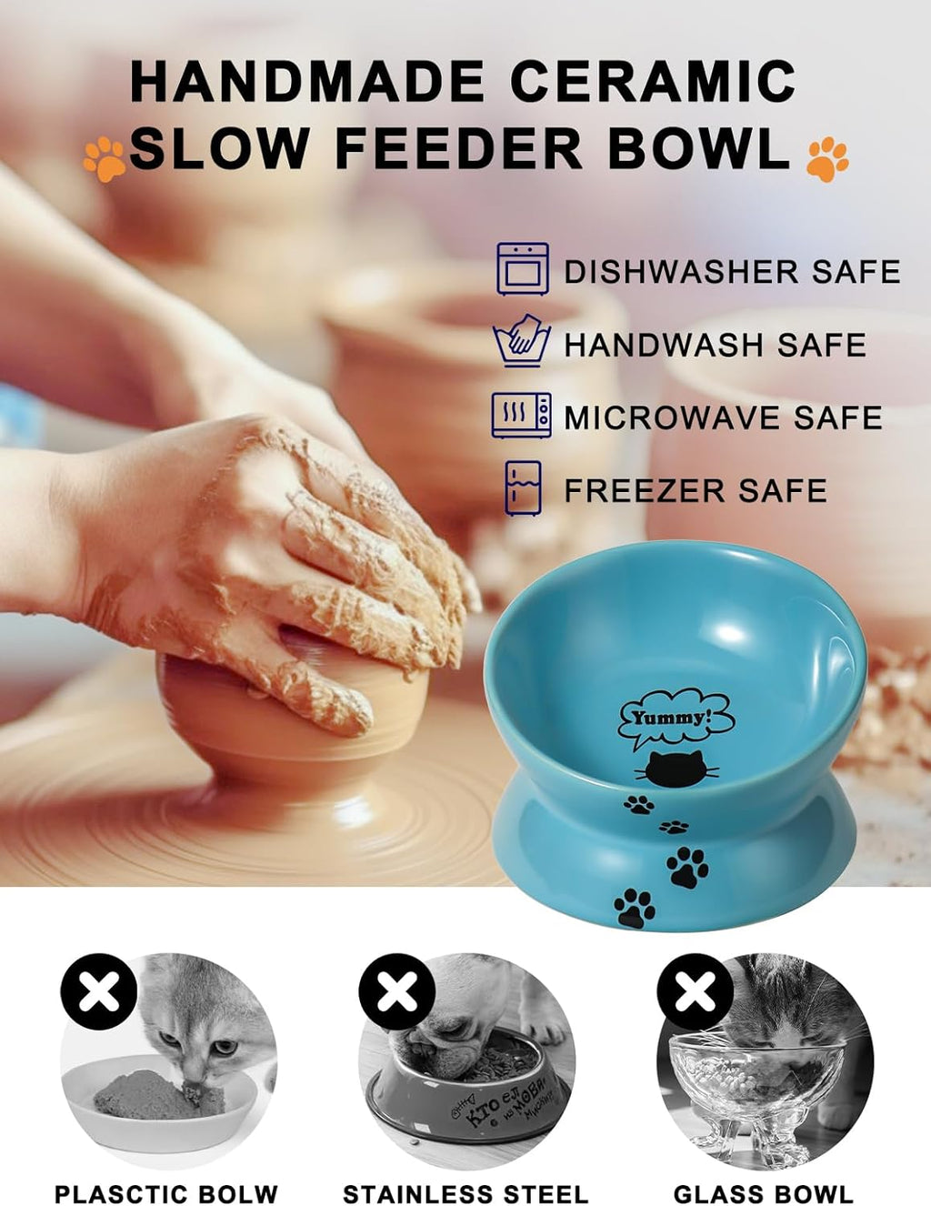 Elevated Ceramic Cat Food Bowl with Tilt Angle for Spine Protection, Anti-Vomiting Design, and Backflow Prevention in Lake Blue