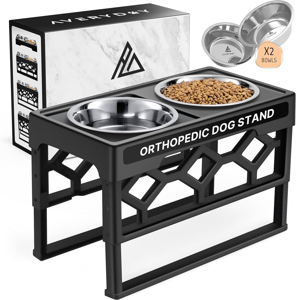 Large Dog Bowls Elevated, 4 Height Adjustable Raised Dog Bowl Stand with 2 Stainless Steel Food and Water Bowls Set, Tall Dogs Feeding Station with Anti-Slip Base for Medium Large Breeds Dogs