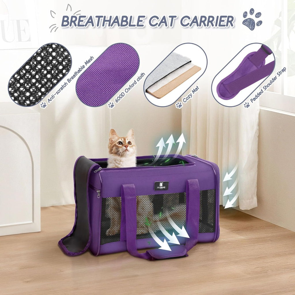 Airline-Approved Soft-Sided Cat Carrier for Small to Medium Cats up to 25 lbs, Featuring Removable Fleece Pad and Portable Design
