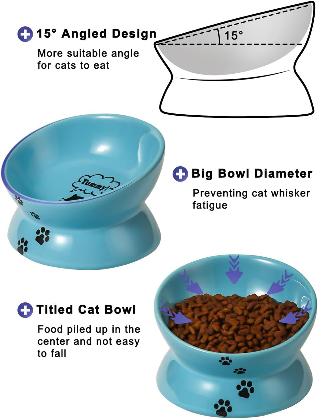 Elevated Ceramic Cat Food Bowl with Tilt Angle for Spine Protection, Anti-Vomiting Design, and Backflow Prevention in Lake Blue
