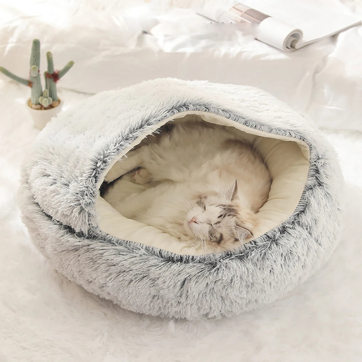 Plush Hooded Pet Bed round Fluffy Soft Cat Bed Pet Cushion Warm Cat Dog 2 in 1 Sleeping Nest Cave for Small Dogs