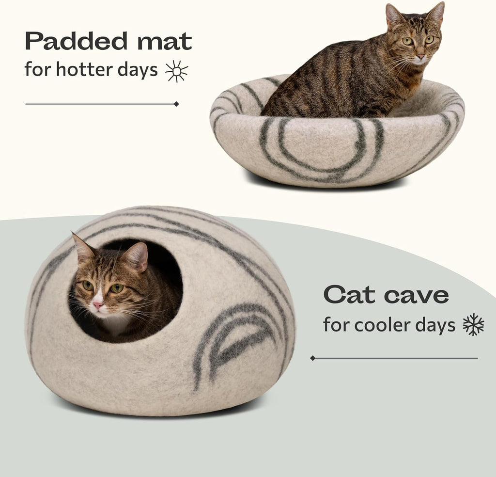 Premium Felt Cat Cave – Handmade 100% Merino Wool Cat Bed for Indoor Use (Light Grey, Medium)