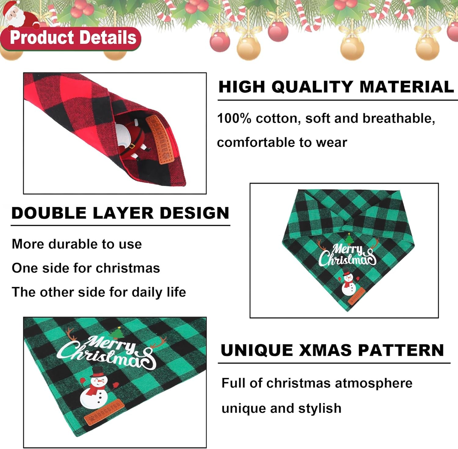 Christmas Plaid Dog Bandanas - 2 Pack Triangle Bibs for Medium to Large Pets Featuring Santa and Snowman Designs