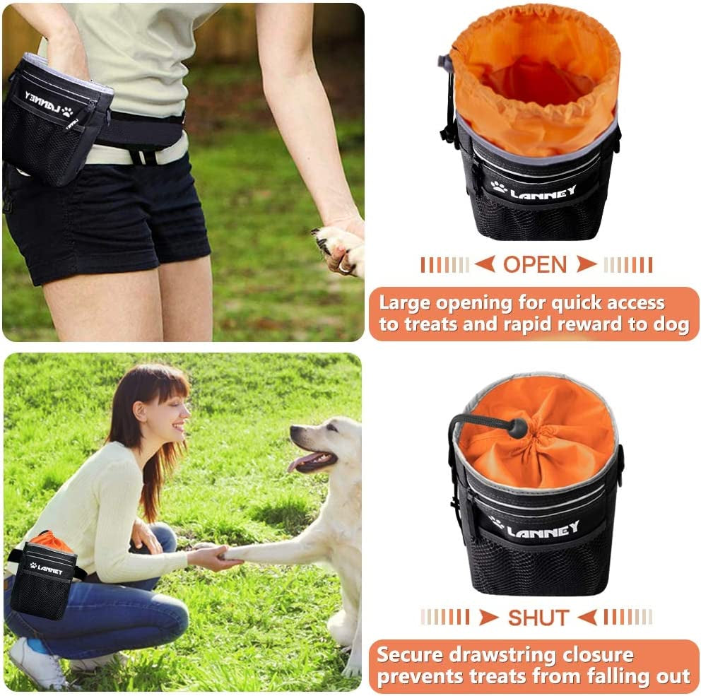 Dog Training Treat Pouch with Metal Clip, Waist Belt, and Shoulder Strap - Versatile Carry Bag for Kibble, Snacks, and Toys - Includes Poop Bag Dispenser - Black and Orange