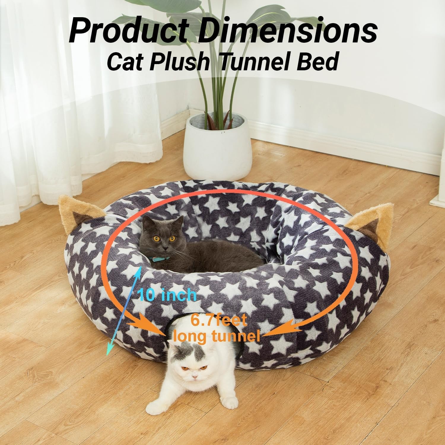 Large Cat Tunnel Bed with Fluffy Toy Balls and Cushion - Flexible Design, 10-Inch Diameter, 3 Feet Length - Ideal for Cats and Small Dogs, Gray Star Pattern