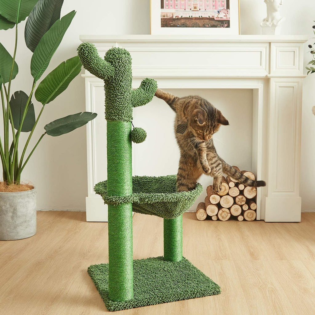 35-Inch Green Cactus Cat Tree with Hammock and Fully Wrapped Sisal Scratching Post
