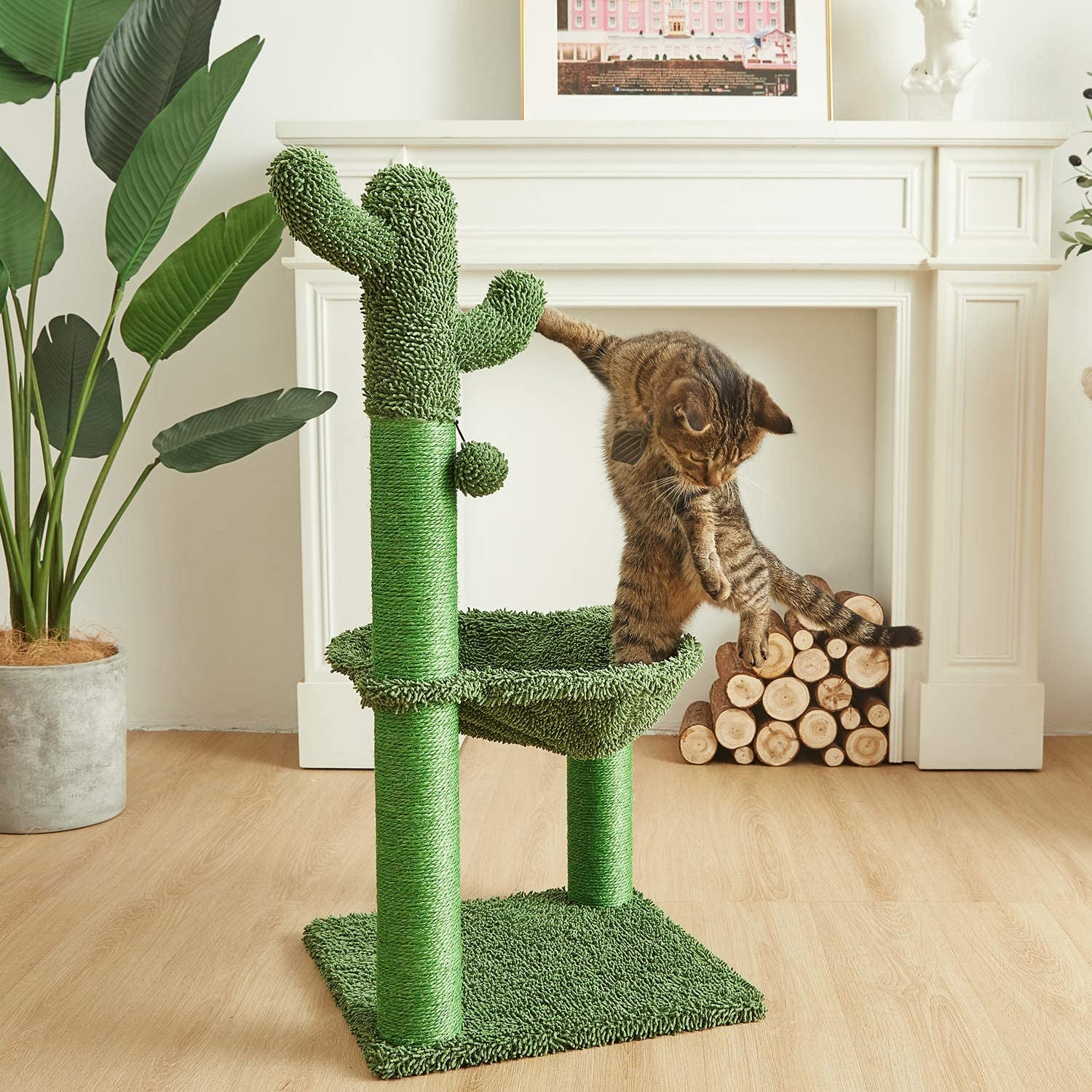 35-Inch Green Cactus Cat Tree with Hammock and Fully Wrapped Sisal Scratching Post
