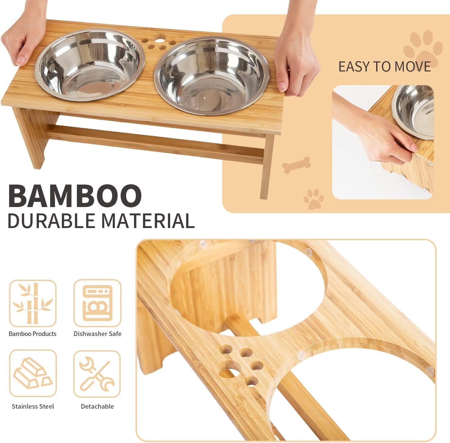 Elevated Pet Feeding Station for Cats and Small Dogs, Bamboo Stand with Two Stainless Steel Bowls and Anti-Slip Feet (4'' Height, 20 Oz Capacity)