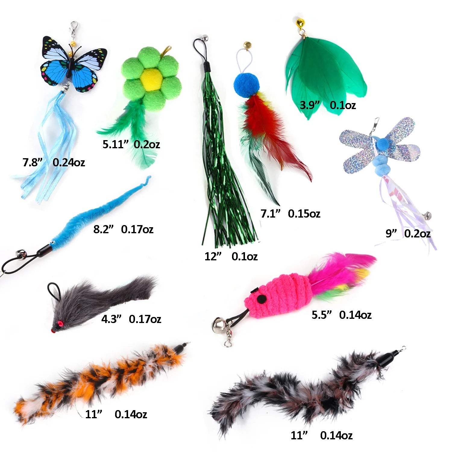 11 PCS Cat Feather Toy, Multiple Styles Feather Refills for Cat Toys, Replacement Feather Toy with Bell Refills, Interactive Catcher Teaser and Funny Exercise for Kitten or Cats