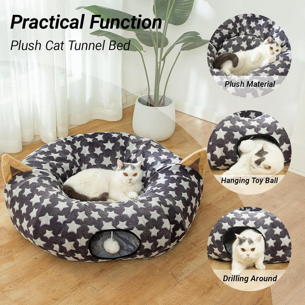 Large Cat Tunnel Bed with Fluffy Toy Balls and Cushion - Flexible Design, 10-Inch Diameter, 3 Feet Length - Ideal for Cats and Small Dogs, Gray Star Pattern