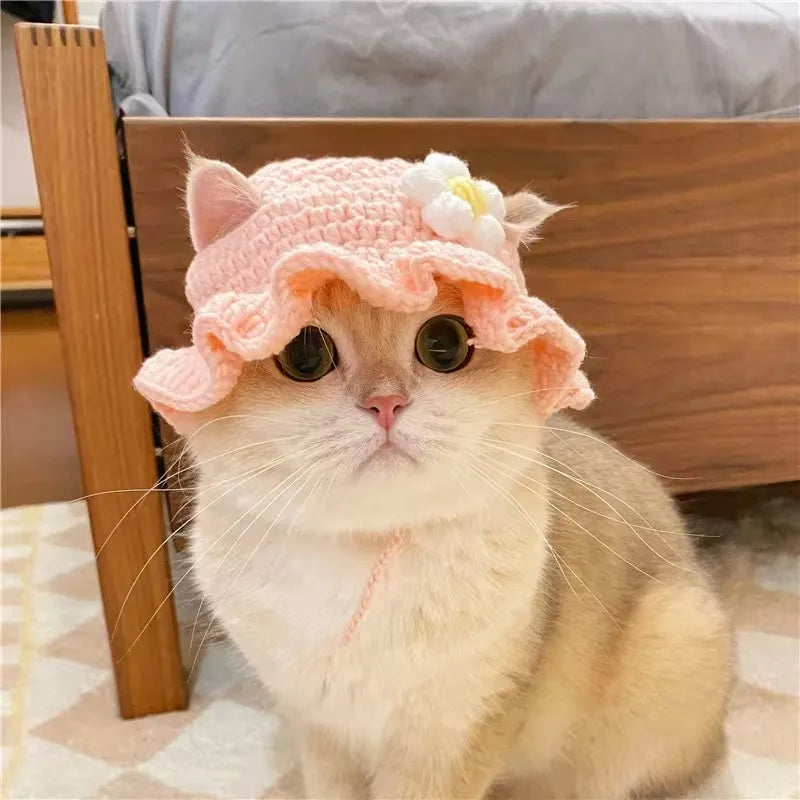 Hand-Made Cat Hat Elastic Woven Cap Pet Hat Puppy Kitten Headwear Knitted Hat Party Photo Shoot Props Decoration Cat Accessories