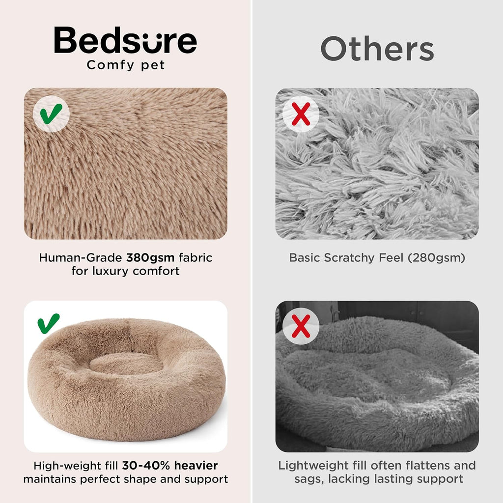 Calming Plush Cat Bed for Indoor Use - 20-Inch Washable Round Faux Fur Bed with Anti-Slip Base, Suitable for Pets Up to 15 lbs, Camel Color