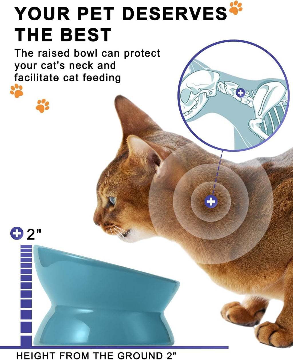 Elevated Ceramic Cat Food Bowl with Tilt Angle for Spine Protection, Anti-Vomiting Design, and Backflow Prevention in Lake Blue
