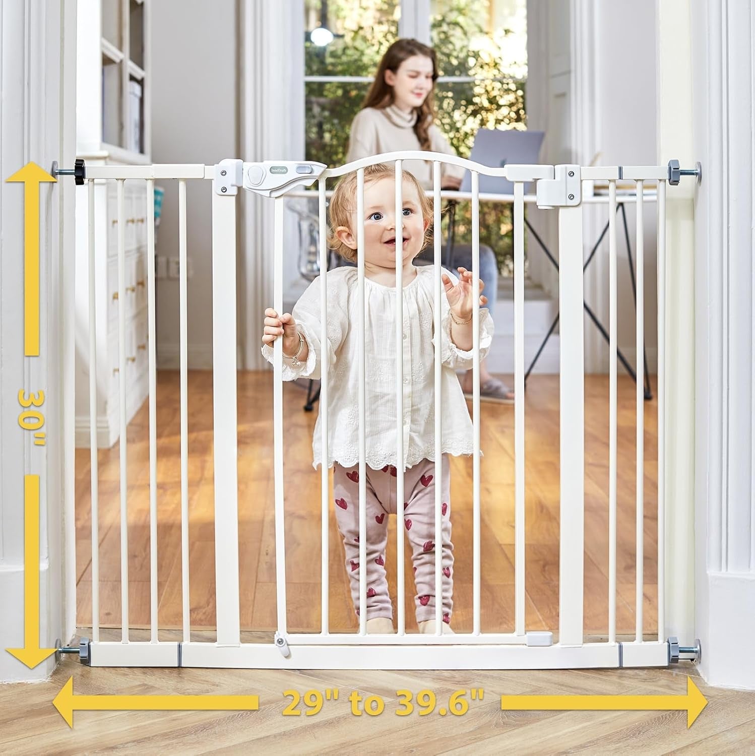Adjustable 29-39.6" Baby Gate for Pets, Dual Auto-Close Dog Gate with One-Hand Operation, 30" Tall Safety Gate for Stairs, Hallways, and Bedrooms, Wall Pressure Mount Installation, White