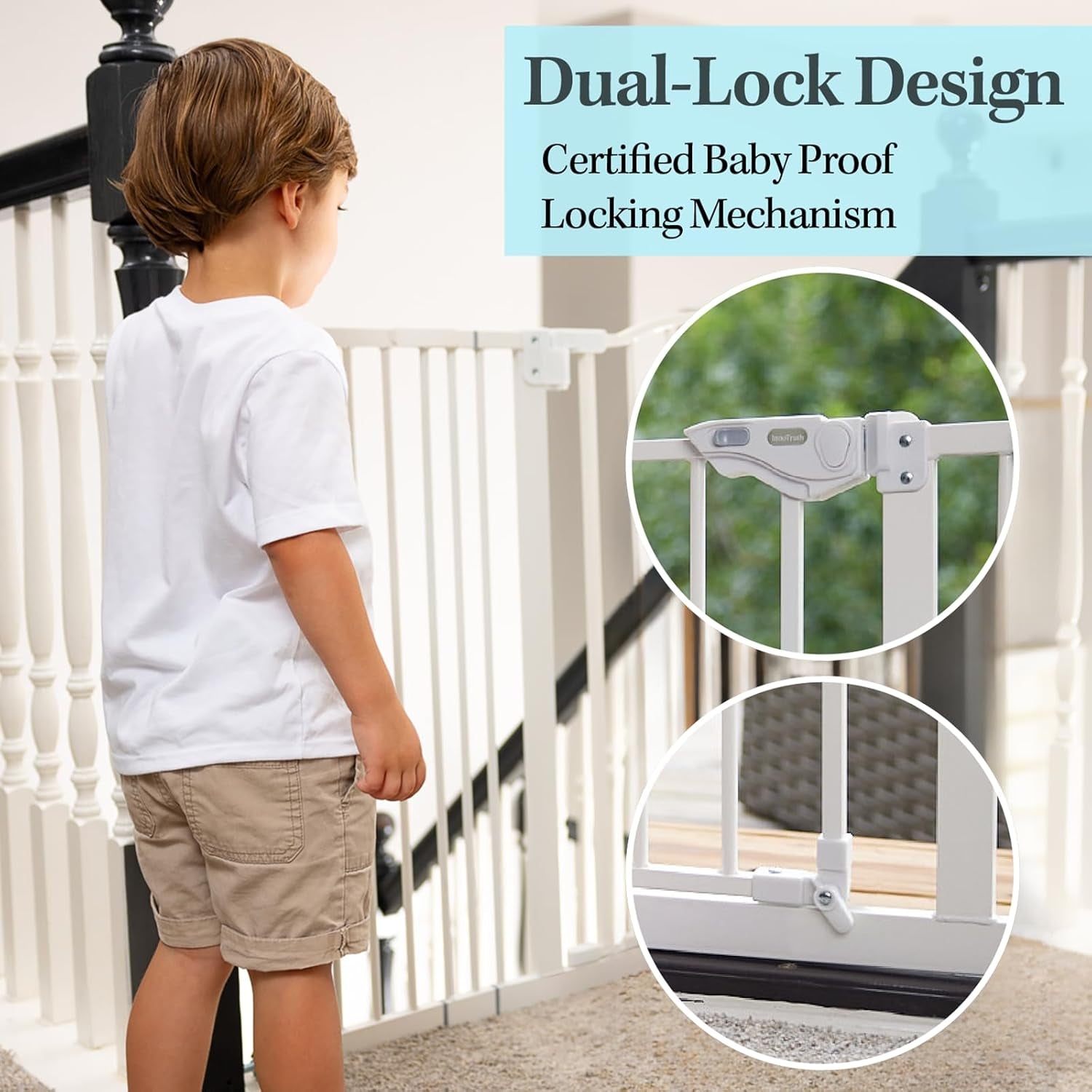 Adjustable 29-39.6" Baby Gate for Pets, Dual Auto-Close Dog Gate with One-Hand Operation, 30" Tall Safety Gate for Stairs, Hallways, and Bedrooms, Wall Pressure Mount Installation, White