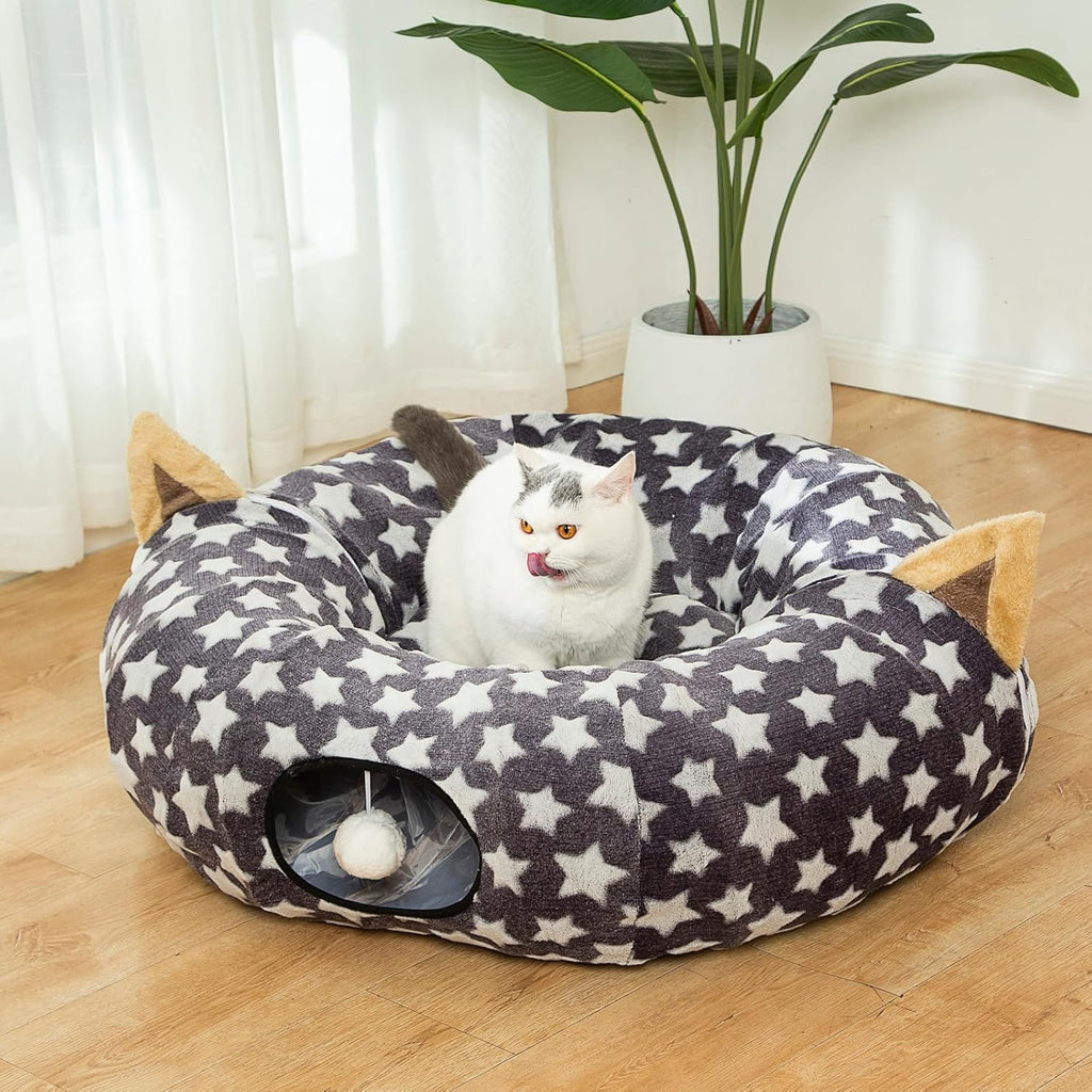 Large Cat Tunnel Bed with Fluffy Toy Balls and Cushion - Flexible Design, 10-Inch Diameter, 3 Feet Length - Ideal for Cats and Small Dogs, Gray Star Pattern