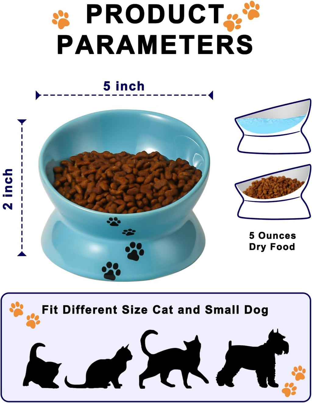 Elevated Ceramic Cat Food Bowl with Tilt Angle for Spine Protection, Anti-Vomiting Design, and Backflow Prevention in Lake Blue