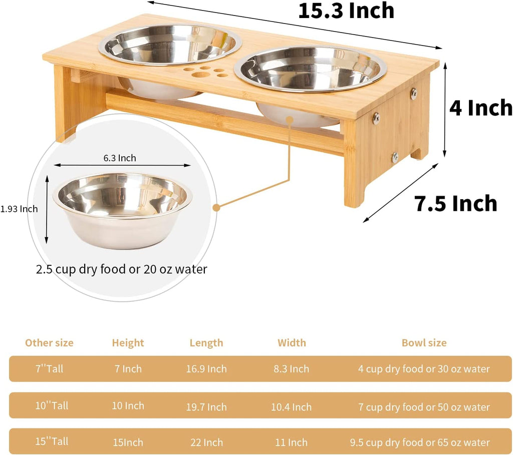 Elevated Pet Feeding Station for Cats and Small Dogs, Bamboo Stand with Two Stainless Steel Bowls and Anti-Slip Feet (4'' Height, 20 Oz Capacity)