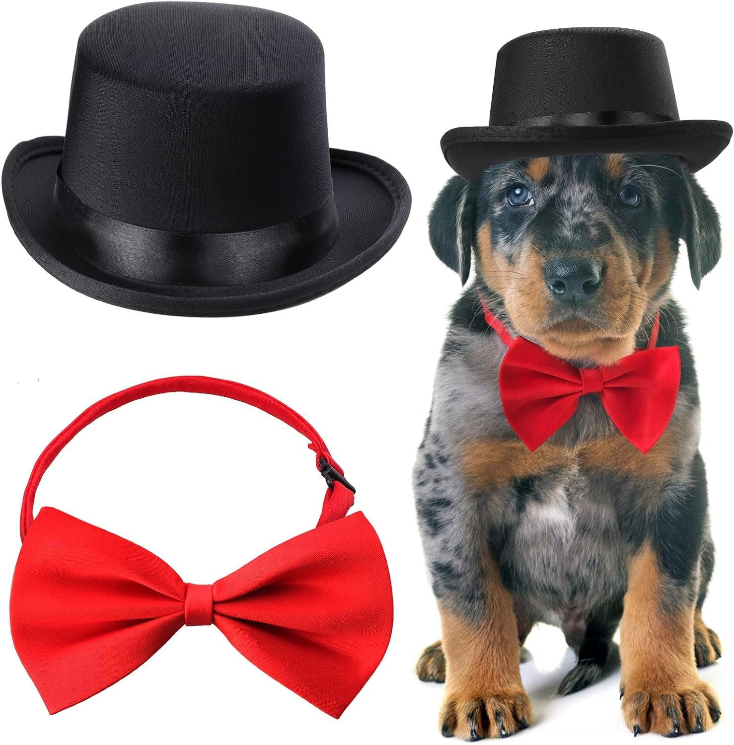 2 Pieces Pet Formal Accessories Set - Pet Top Hat with Pet Formal Necktie/Bowtie Birthday Party Gradation Halloween Costumes Accessories for Dog Cat (Red-A) One Size