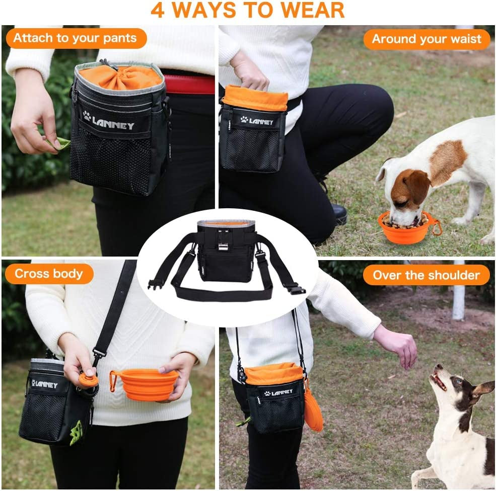 Dog Training Treat Pouch with Metal Clip, Waist Belt, and Shoulder Strap - Versatile Carry Bag for Kibble, Snacks, and Toys - Includes Poop Bag Dispenser - Black and Orange
