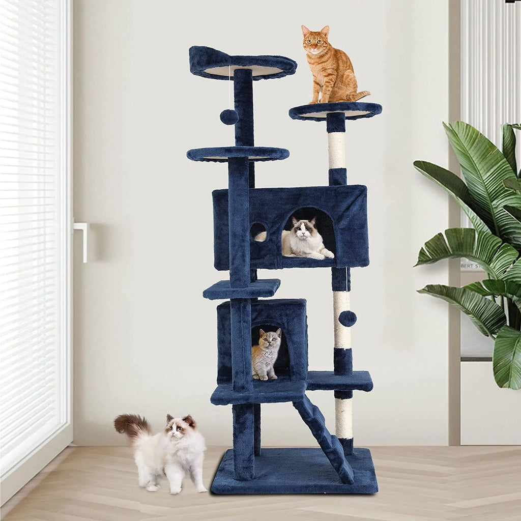 54-Inch Cat Tree Tower, Standing House Cat Condo with Scratch Stay and Fun Toys, Navy Blue