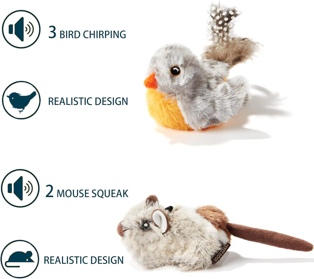 Interactive 2-Pack Cat Toys for Indoor Cats - Feather Squeaky Bird & Mouse Plush Toys with Motion Activation and Bird Chirping Sounds