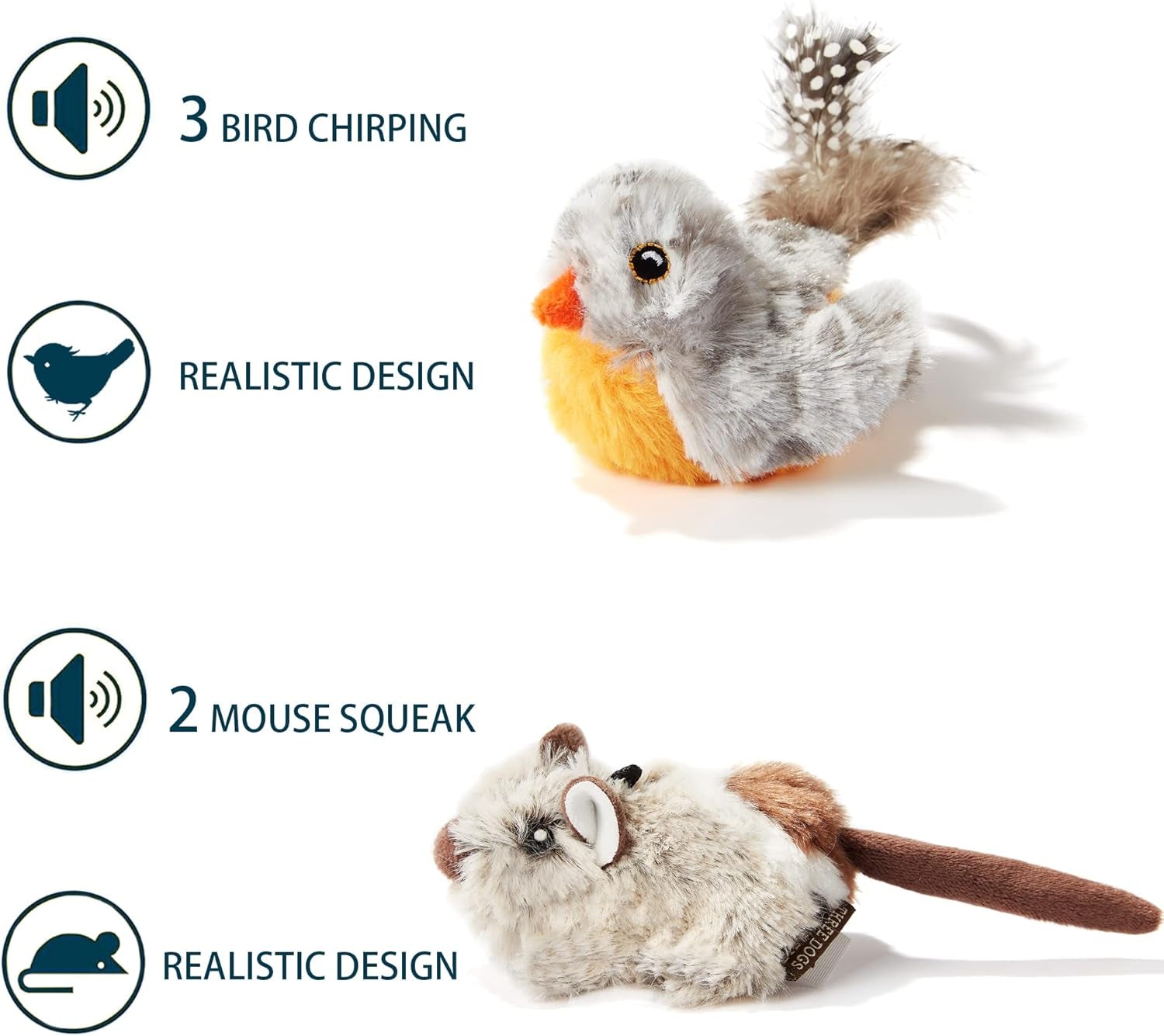 Interactive 2-Pack Cat Toys for Indoor Cats - Feather Squeaky Bird & Mouse Plush Toys with Motion Activation and Bird Chirping Sounds