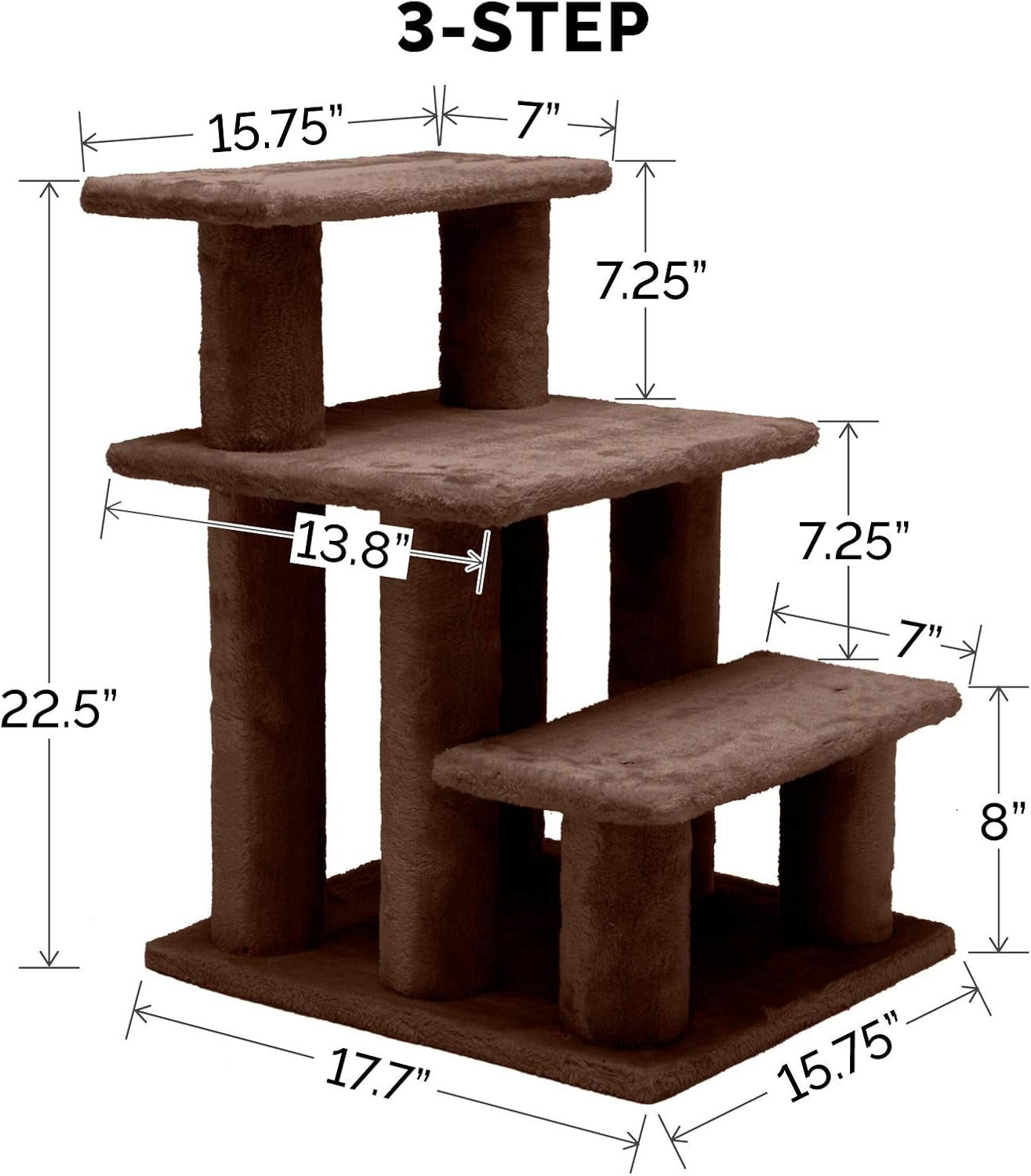Steady Paws 3-Step Pet Stairs for Elevated Beds and Sofas - Brown
