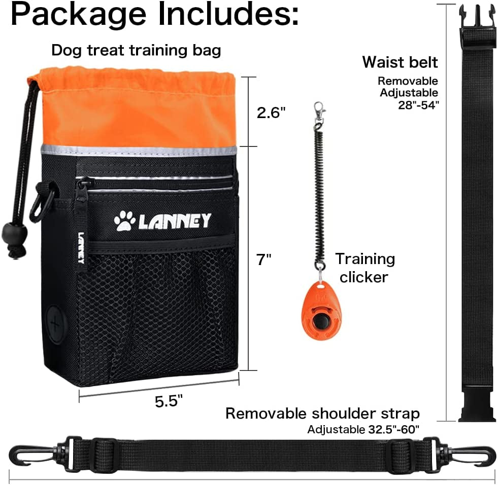 Dog Training Treat Pouch with Metal Clip, Waist Belt, and Shoulder Strap - Versatile Carry Bag for Kibble, Snacks, and Toys - Includes Poop Bag Dispenser - Black and Orange