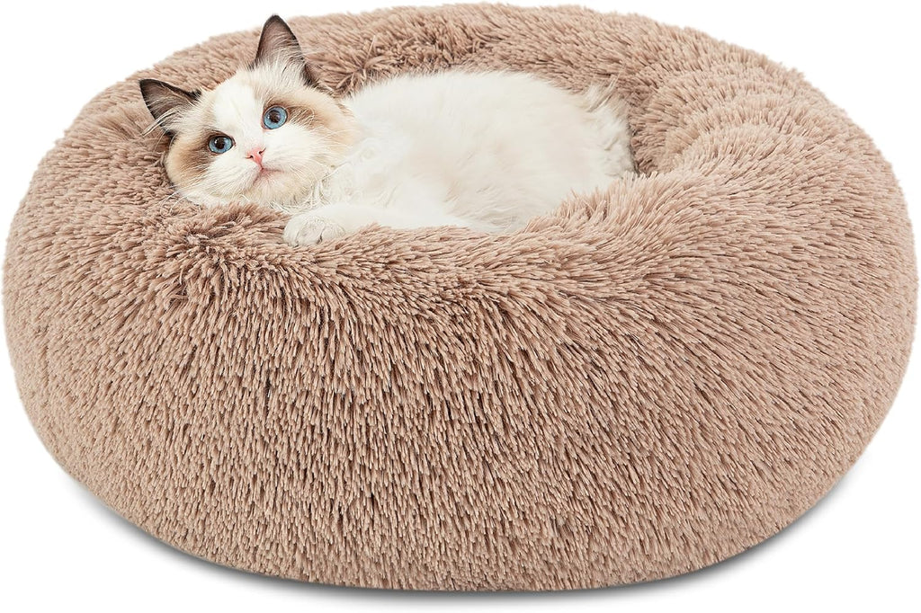 Calming Plush Cat Bed for Indoor Use - 20-Inch Washable Round Faux Fur Bed with Anti-Slip Base, Suitable for Pets Up to 15 lbs, Camel Color