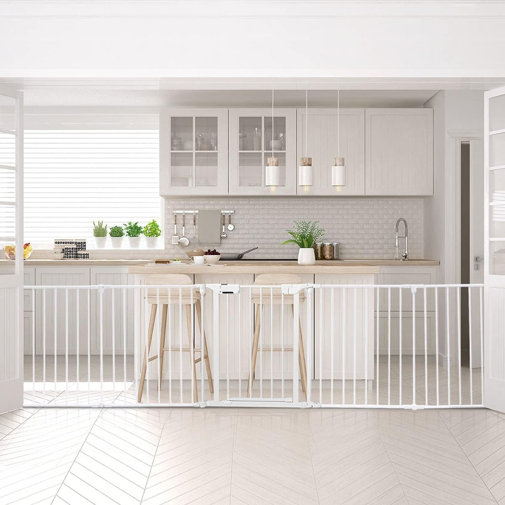 PETSAFE 181" Extra Wide Pet Gate and Dog Playpen - Foldable Dog Barrier with Walk-Through Door for Home, Stairs, and Fireplace (White)