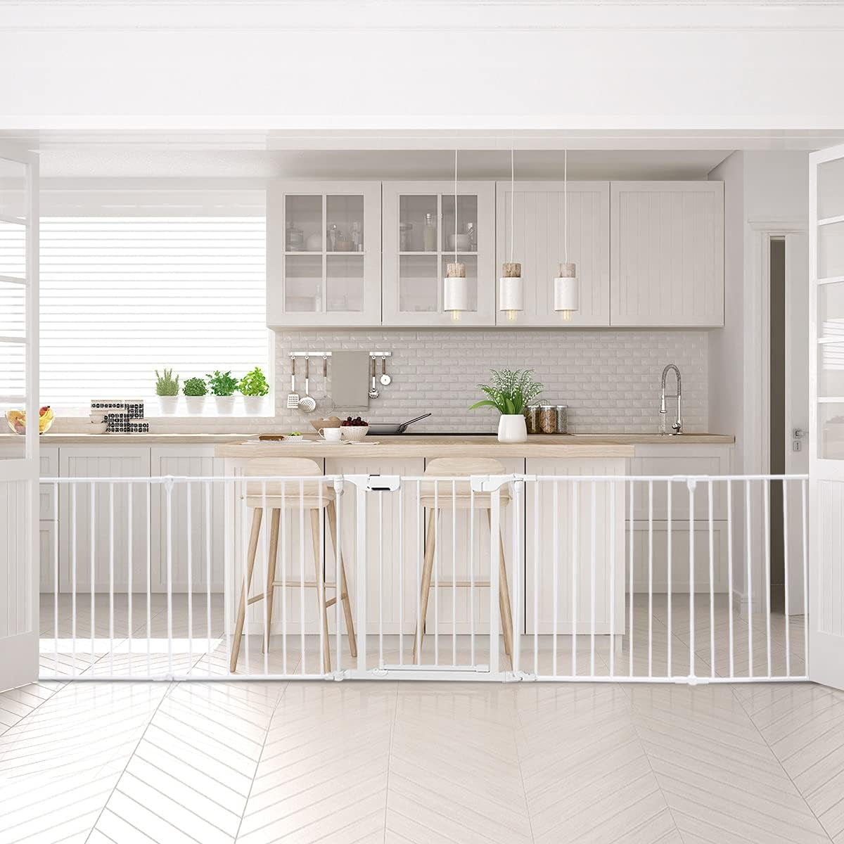 PETSAFE 181" Extra Wide Pet Gate and Dog Playpen - Foldable Dog Barrier with Walk-Through Door for Home, Stairs, and Fireplace (White)