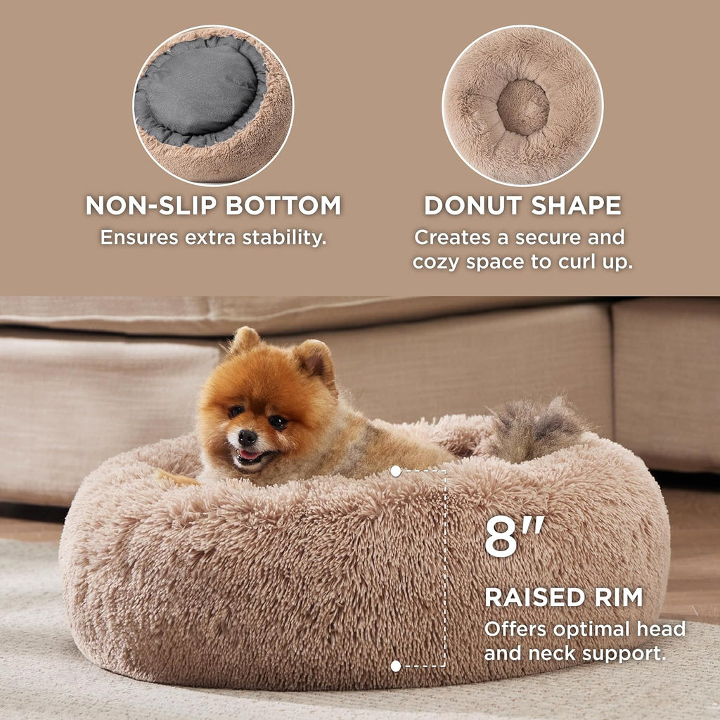 Calming Plush Cat Bed for Indoor Use - 20-Inch Washable Round Faux Fur Bed with Anti-Slip Base, Suitable for Pets Up to 15 lbs, Camel Color