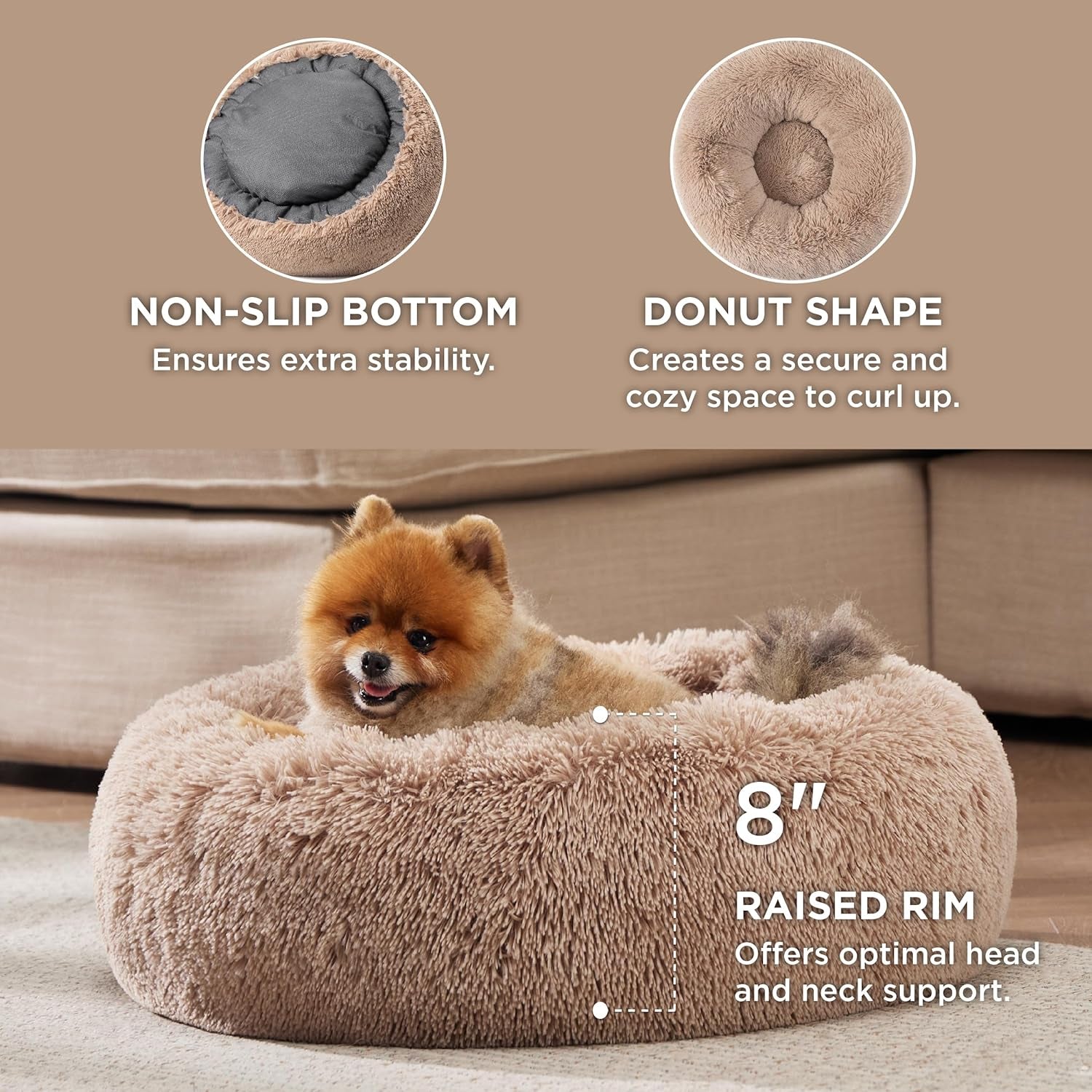 Calming Plush Cat Bed for Indoor Use - 20-Inch Washable Round Faux Fur Bed with Anti-Slip Base, Suitable for Pets Up to 15 lbs, Camel Color