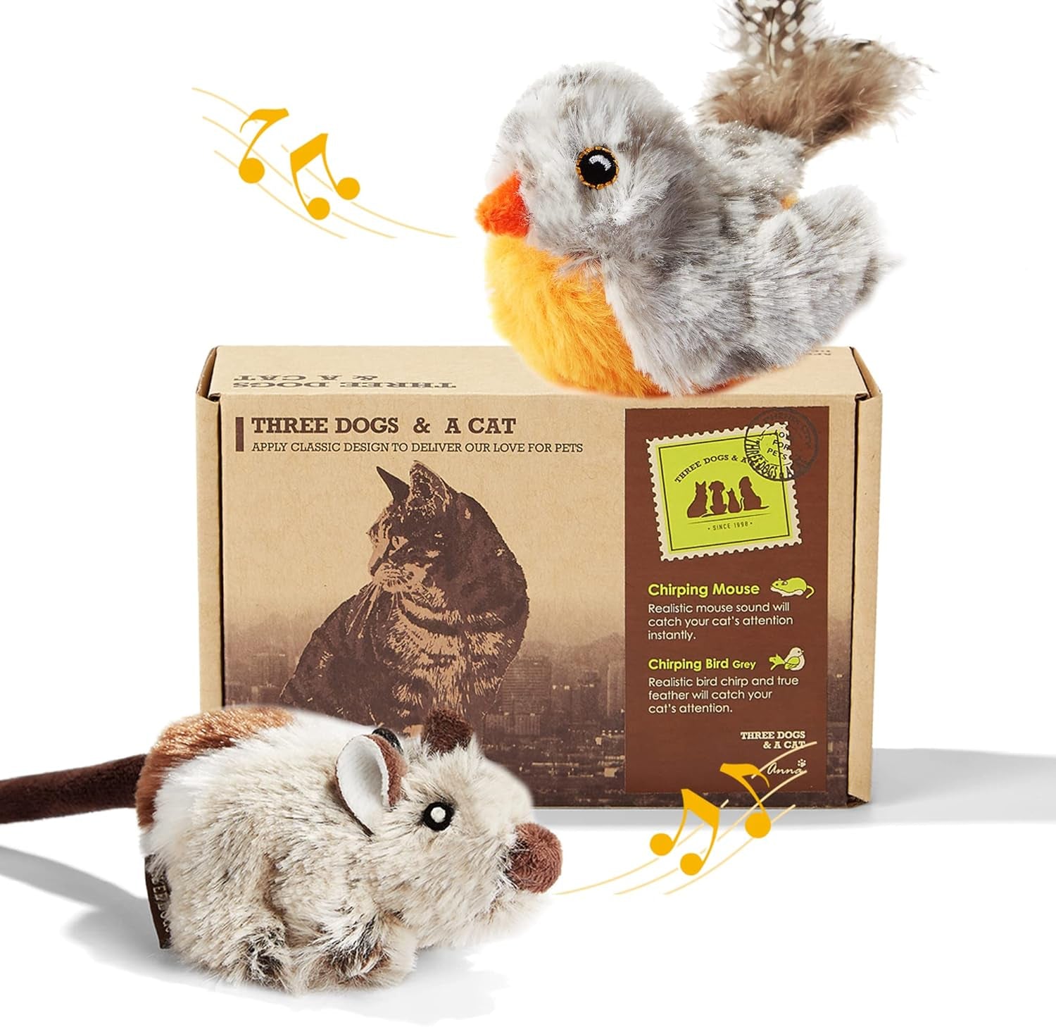 Interactive 2-Pack Cat Toys for Indoor Cats - Feather Squeaky Bird & Mouse Plush Toys with Motion Activation and Bird Chirping Sounds