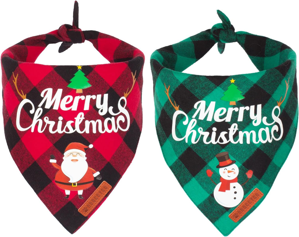 Christmas Plaid Dog Bandanas - 2 Pack Triangle Bibs for Medium to Large Pets Featuring Santa and Snowman Designs