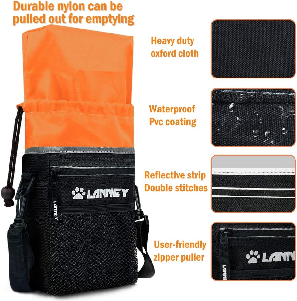 Dog Training Treat Pouch with Metal Clip, Waist Belt, and Shoulder Strap - Versatile Carry Bag for Kibble, Snacks, and Toys - Includes Poop Bag Dispenser - Black and Orange