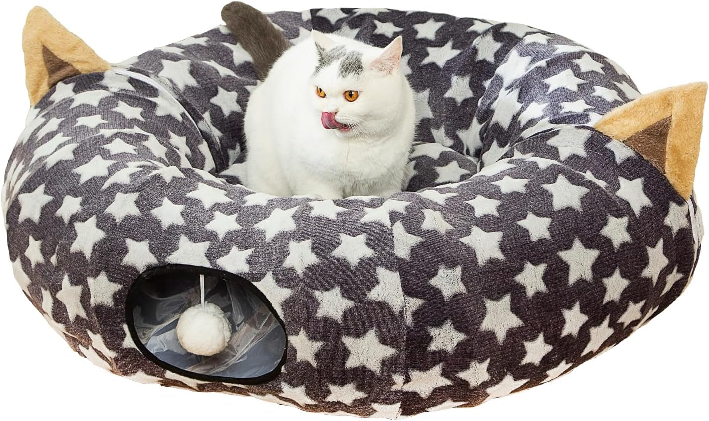 Large Cat Tunnel Bed with Fluffy Toy Balls and Cushion - Flexible Design, 10-Inch Diameter, 3 Feet Length - Ideal for Cats and Small Dogs, Gray Star Pattern