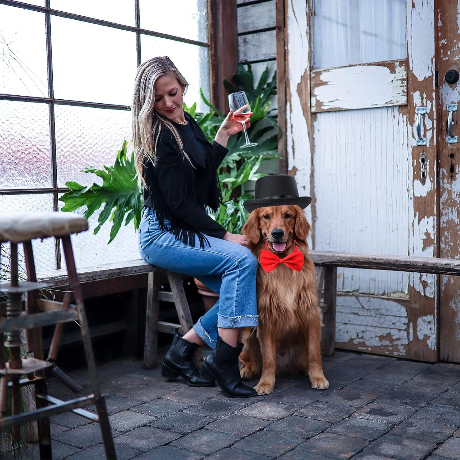 2 Pieces Pet Formal Accessories Set - Pet Top Hat with Pet Formal Necktie/Bowtie Birthday Party Gradation Halloween Costumes Accessories for Dog Cat (Red-A) One Size