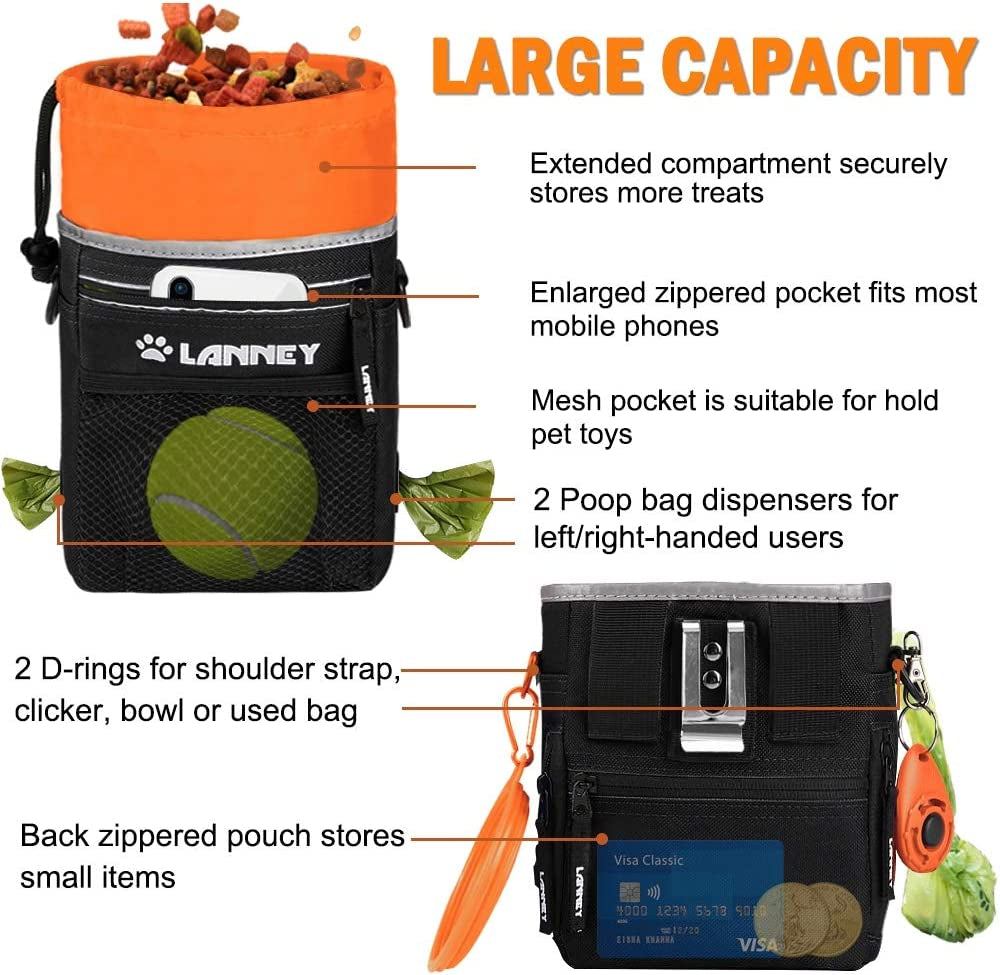 Dog Training Treat Pouch with Metal Clip, Waist Belt, and Shoulder Strap - Versatile Carry Bag for Kibble, Snacks, and Toys - Includes Poop Bag Dispenser - Black and Orange