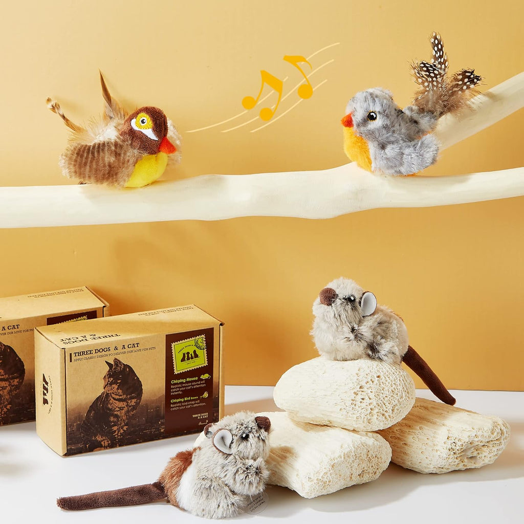 Interactive 2-Pack Cat Toys for Indoor Cats - Feather Squeaky Bird & Mouse Plush Toys with Motion Activation and Bird Chirping Sounds
