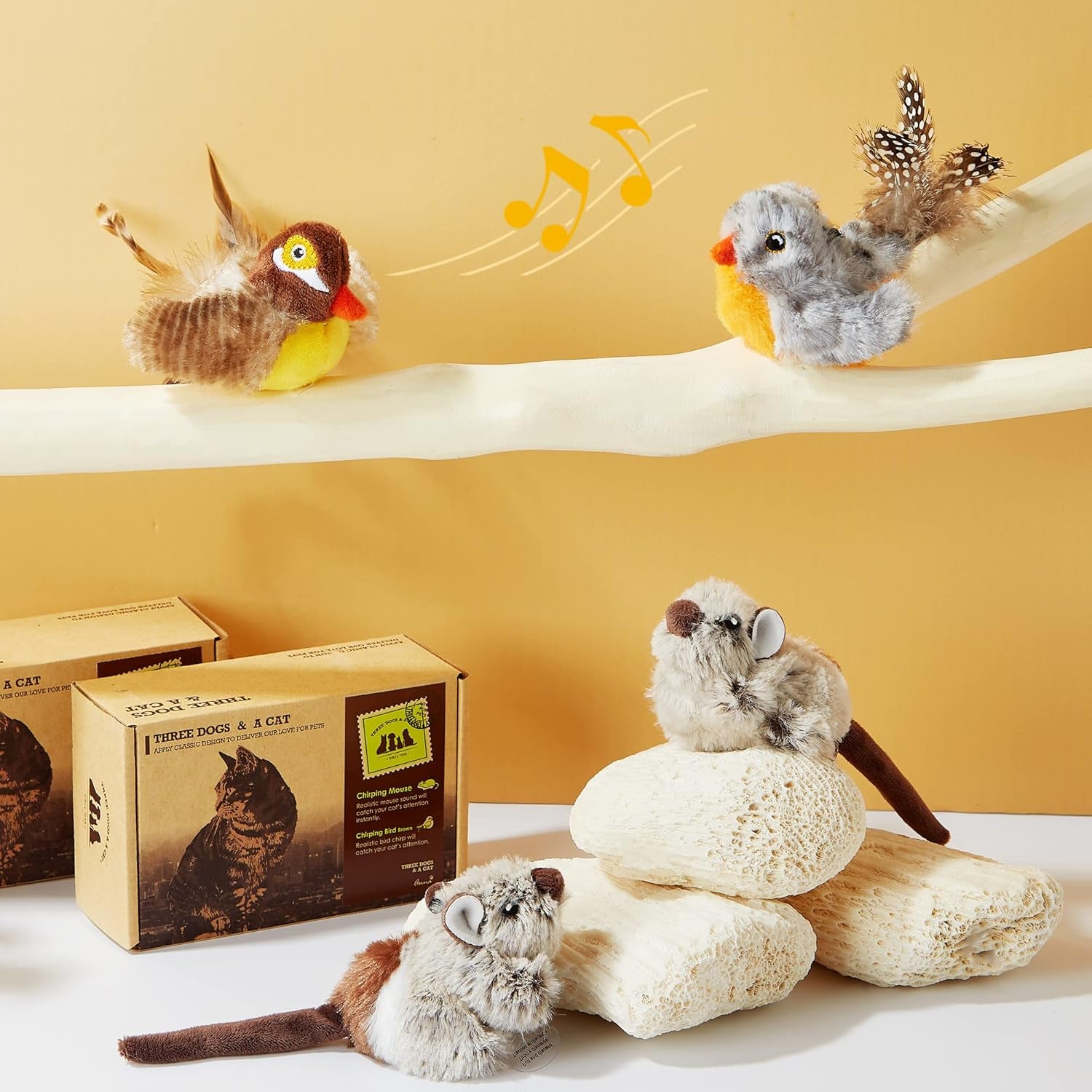 Interactive 2-Pack Cat Toys for Indoor Cats - Feather Squeaky Bird & Mouse Plush Toys with Motion Activation and Bird Chirping Sounds