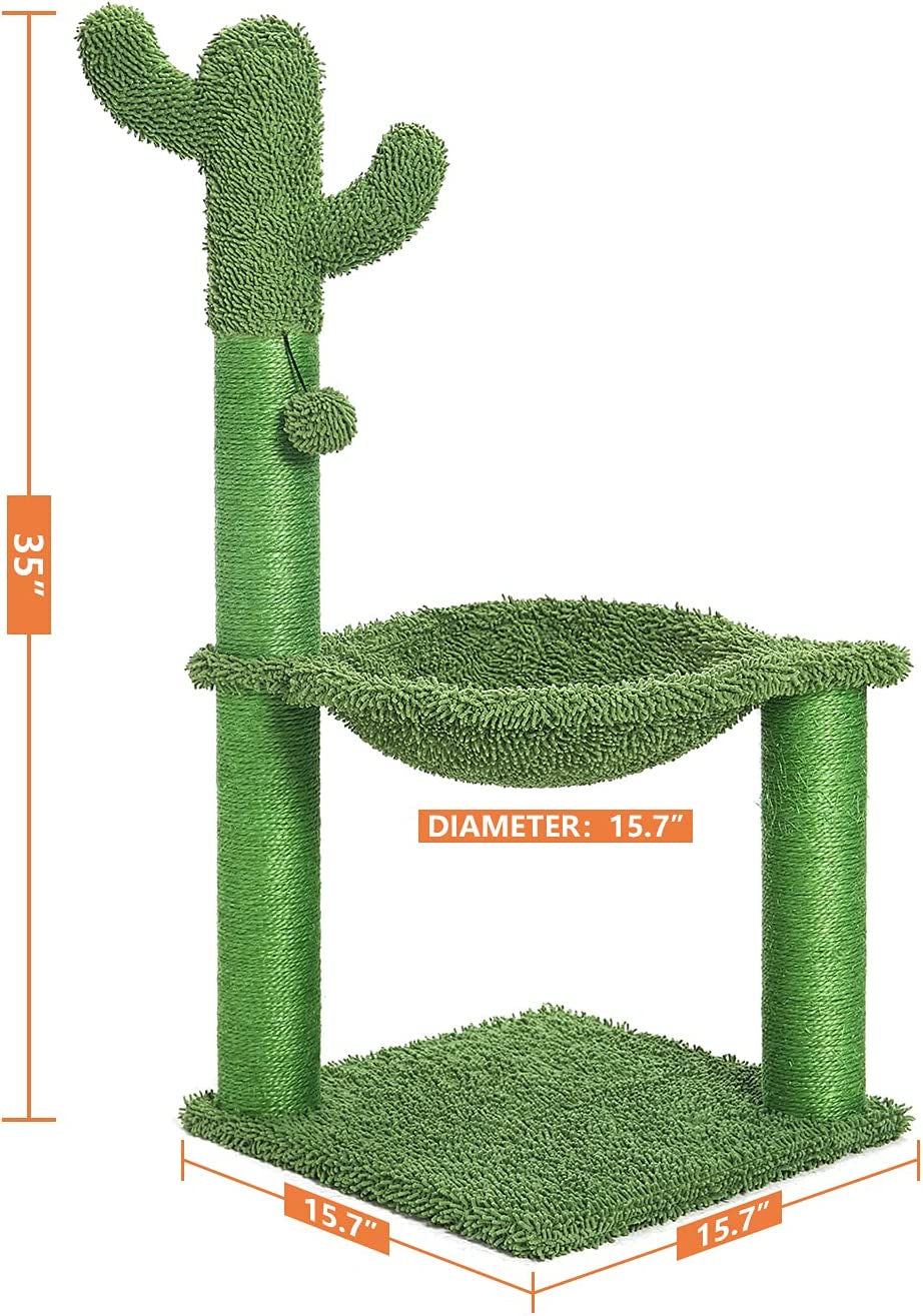 35-Inch Green Cactus Cat Tree with Hammock and Fully Wrapped Sisal Scratching Post