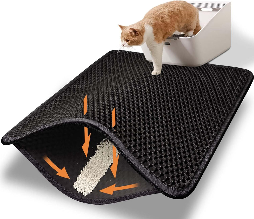 Cat Litter Mat with Honeycomb Double Layer Design, Waterproof and Urine Resistant, Effective Scatter Control, Easy to Clean and Washable, Black
