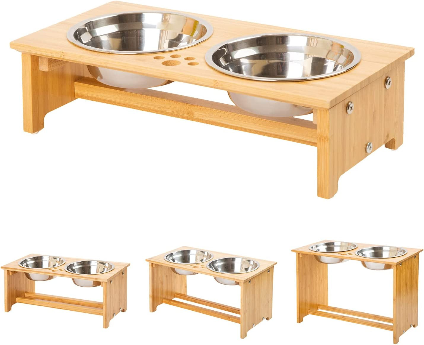 Elevated Pet Feeding Station for Cats and Small Dogs, Bamboo Stand with Two Stainless Steel Bowls and Anti-Slip Feet (4'' Height, 20 Oz Capacity)