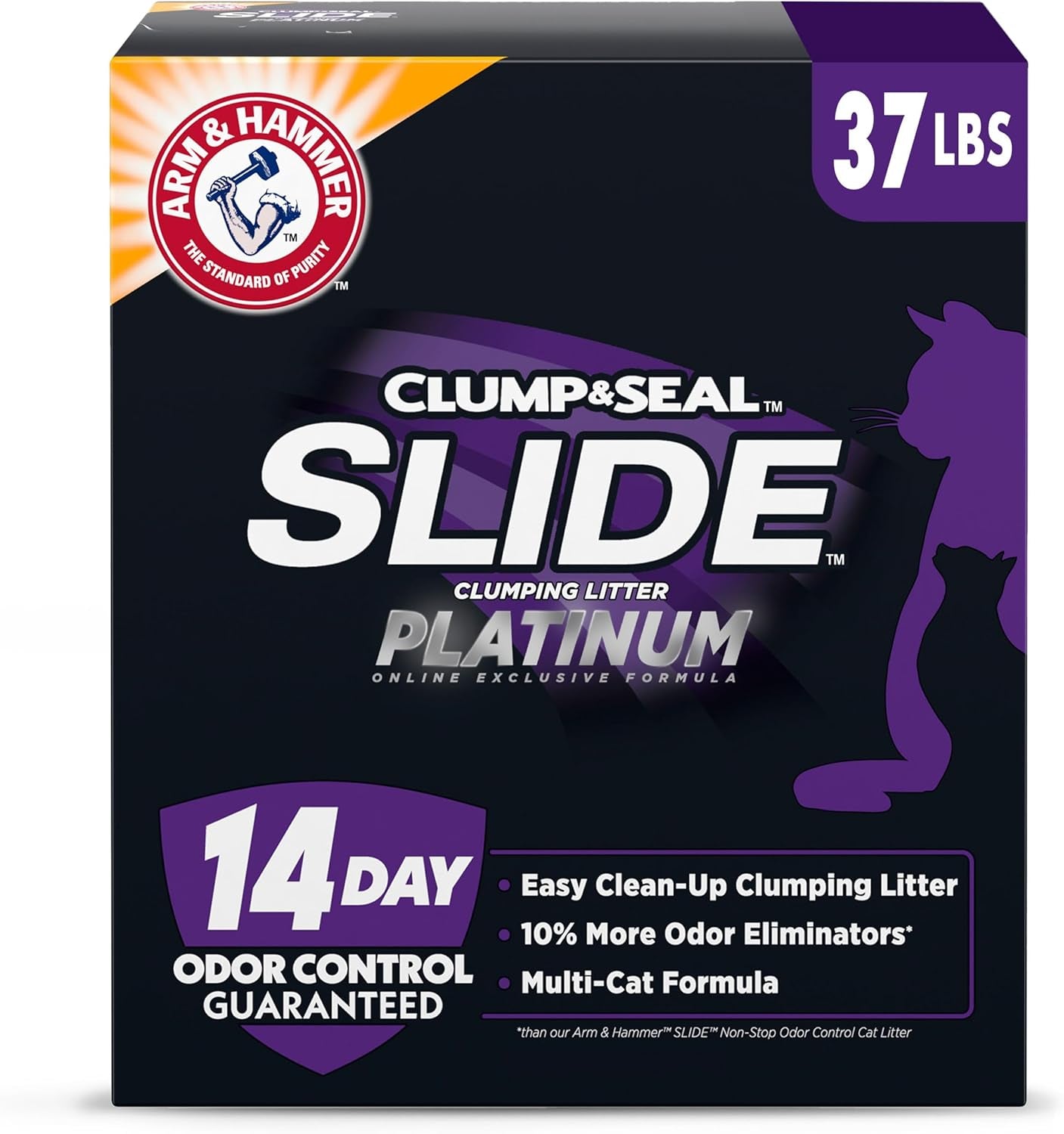 Clump & Seal SLIDE Platinum Multi-Cat Clumping Cat Litter with 14-Day Odor Control and EZ Clean Technology, 37 lbs – Effortless Cleaning and Advanced Odor Elimination